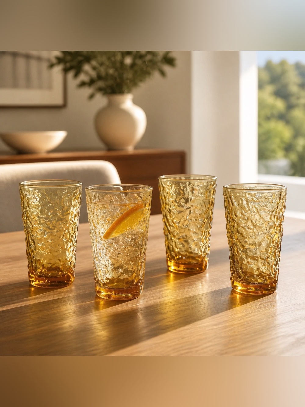 Set of 4 Anchor Hocking Lido Milano pattern tumblers.